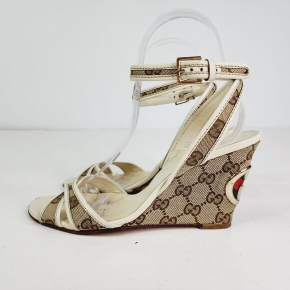 GUCCI Beige GG Canvas Monogram Cross Strap Wedge Ankle Strap Sandal Size 6.5 B - Picture 14 of 16